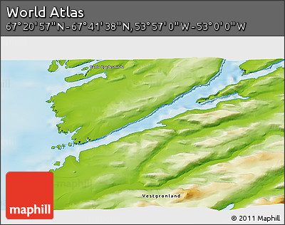 Physical 3D Map of the Area around 67° 31' 18" N, 53° 28' 30" W
