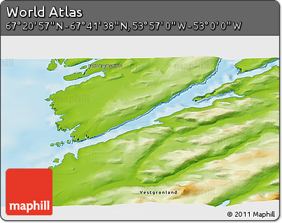 Physical 3D Map of the Area around 67° 31' 18" N, 53° 28' 30" W