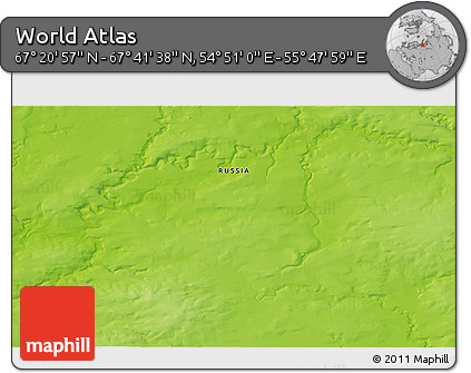 Physical 3D Map of the Area around 67° 31' 18" N, 55° 19' 30" E