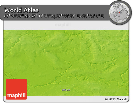 Physical 3D Map of the Area around 67° 31' 18" N, 57° 52' 30" E