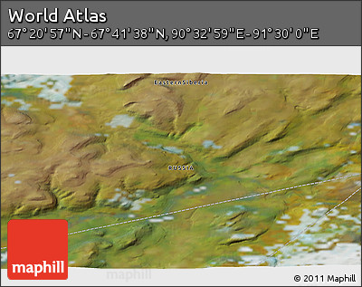 Satellite 3D Map of the Area around 67° 31' 18" N, 91° 1' 30" E