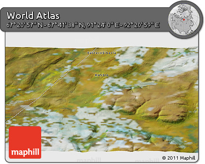 Satellite 3D Map of the Area around 67° 31' 18" N, 91° 52' 30" E