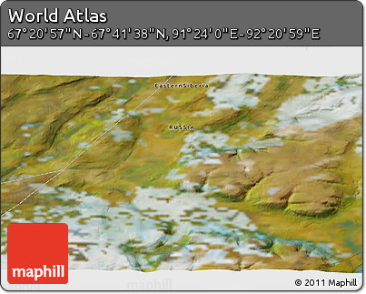 Satellite 3D Map of the Area around 67° 31' 18" N, 91° 52' 30" E