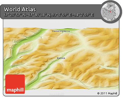 Physical 3D Map of the Area around 67° 31' 18" N, 93° 34' 29" E