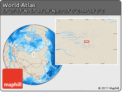 Shaded Relief Location Map of the Area around 67° 31' 18" N, 94° 25' 30" E