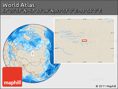 Shaded Relief Location Map of the Area around 67° 31' 18" N, 94° 25' 30" E
