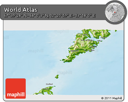 Physical 3D Map of the Area around 67° 49' 45" N, 12° 49' 29" E