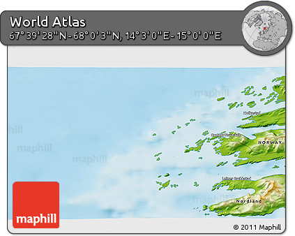 Physical 3D Map of the Area around 67° 49' 45" N, 14° 31' 30" E
