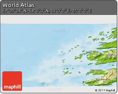 Physical 3D Map of the Area around 67° 49' 45" N, 14° 31' 30" E