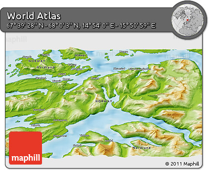 Physical 3D Map of the Area around 67° 49' 45" N, 15° 22' 30" E