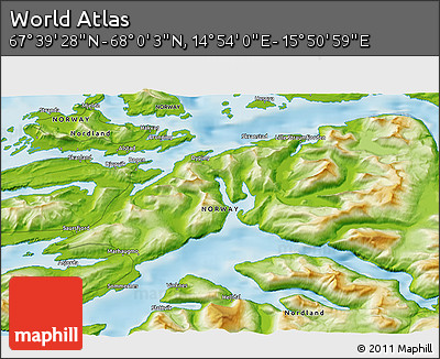 Physical 3D Map of the Area around 67° 49' 45" N, 15° 22' 30" E