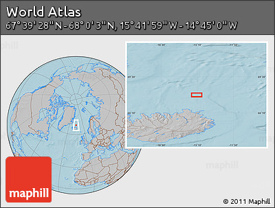 Gray Location Map of the Area around 67° 49' 45" N, 15° 13' 29" W, hill shading