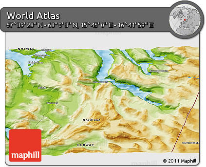 Physical 3D Map of the Area around 67° 49' 45" N, 16° 13' 30" E