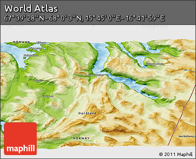 Physical 3D Map of the Area around 67° 49' 45" N, 16° 13' 30" E