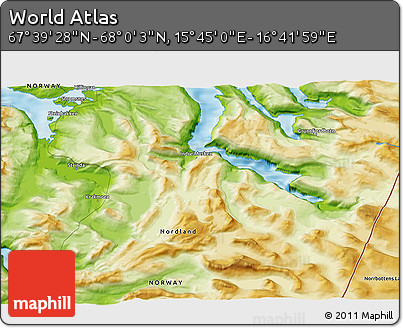 Physical 3D Map of the Area around 67° 49' 45" N, 16° 13' 30" E