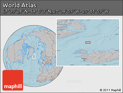 Gray Location Map of the Area around 67° 49' 45" N, 21° 10' 29" W, hill shading