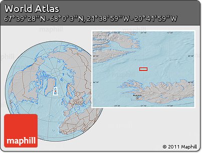 Gray Location Map of the Area around 67° 49' 45" N, 21° 10' 29" W, hill shading