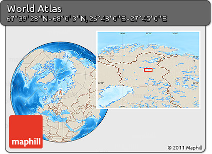 Shaded Relief Location Map of the Area around 67° 49' 45" N, 27° 16' 29" E