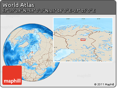 Shaded Relief Location Map of the Area around 67° 49' 45" N, 27° 16' 29" E