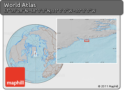 Gray Location Map of the Area around 67° 49' 45" N, 30° 31' 29" W, hill shading