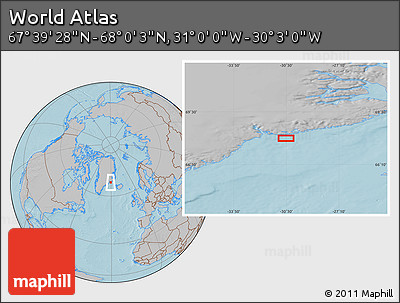 Gray Location Map of the Area around 67° 49' 45" N, 30° 31' 29" W, hill shading