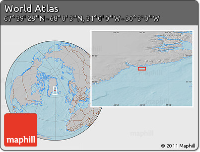 Gray Location Map of the Area around 67° 49' 45" N, 30° 31' 29" W, hill shading
