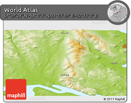 Physical 3D Map of the Area around 67° 49' 45" N, 32° 22' 30" E