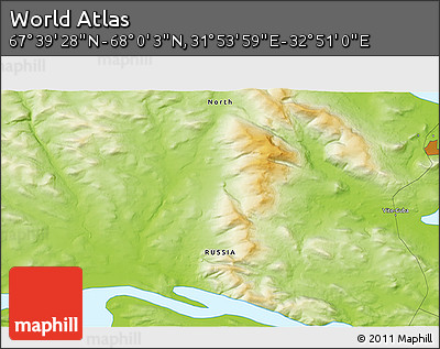 Physical 3D Map of the Area around 67° 49' 45" N, 32° 22' 30" E