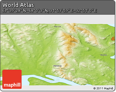 Physical 3D Map of the Area around 67° 49' 45" N, 32° 22' 30" E