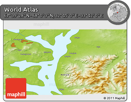 Physical 3D Map of the Area around 67° 49' 45" N, 33° 13' 30" E