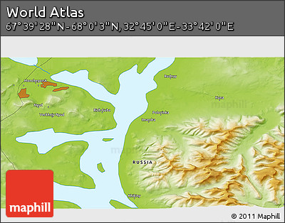Physical 3D Map of the Area around 67° 49' 45" N, 33° 13' 30" E