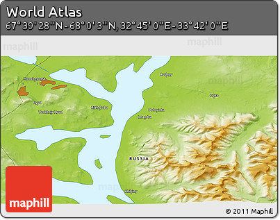 Physical 3D Map of the Area around 67° 49' 45" N, 33° 13' 30" E