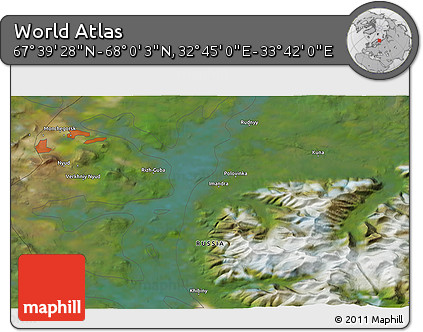 Satellite 3D Map of the Area around 67° 49' 45" N, 33° 13' 30" E