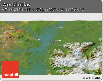 Satellite 3D Map of the Area around 67° 49' 45" N, 33° 13' 30" E