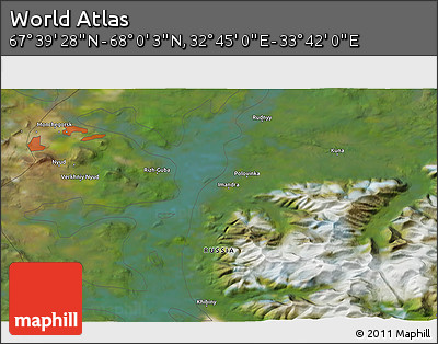 Satellite 3D Map of the Area around 67° 49' 45" N, 33° 13' 30" E