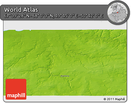 Physical 3D Map of the Area around 67° 49' 45" N, 50° 13' 30" E