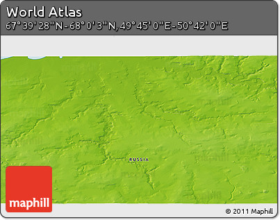 Physical 3D Map of the Area around 67° 49' 45" N, 50° 13' 30" E