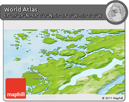 Physical 3D Map of the Area around 67° 49' 45" N, 53° 28' 30" W