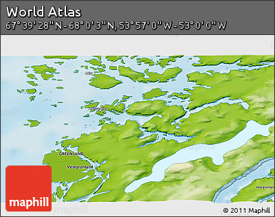 Physical 3D Map of the Area around 67° 49' 45" N, 53° 28' 30" W