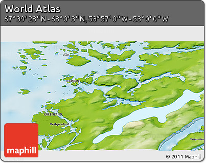 Physical 3D Map of the Area around 67° 49' 45" N, 53° 28' 30" W