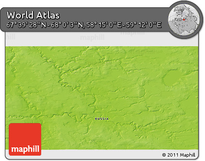 Physical 3D Map of the Area around 67° 49' 45" N, 58° 43' 30" E