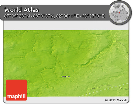 Physical 3D Map of the Area around 67° 49' 45" N, 62° 58' 30" E