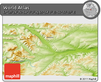 Physical 3D Map of the Area around 67° 49' 45" N, 66° 22' 30" E