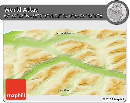 Physical 3D Map of the Area around 67° 49' 45" N, 92° 43' 29" E