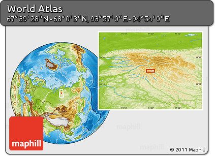 Physical Location Map of the Area around 67° 49' 45" N, 94° 25' 30" E