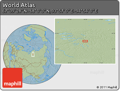 Savanna Style Location Map of the Area around 67° 49' 45" N, 94° 25' 30" E, hill shading