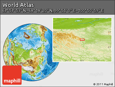 Physical Location Map of the Area around 68° 8' 7" N, 100° 22' 30" E