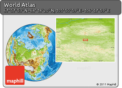 Physical Location Map of the Area around 68° 8' 7" N, 106° 19' 29" E