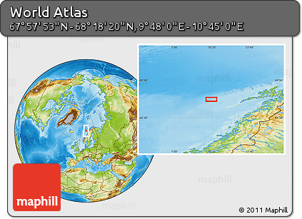 Physical Location Map of the Area around 68° 8' 7" N, 10° 16' 30" E