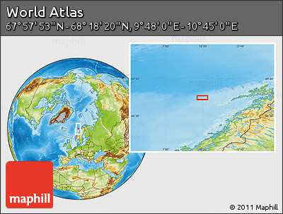 Physical Location Map of the Area around 68° 8' 7" N, 10° 16' 30" E